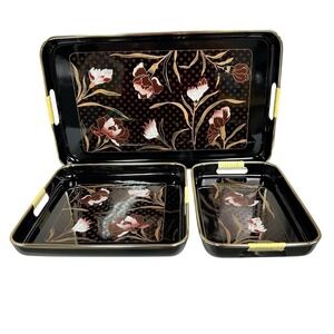 Vintage Japanese Lacquerware Nesting Serving Trays Set Black Gold Floral